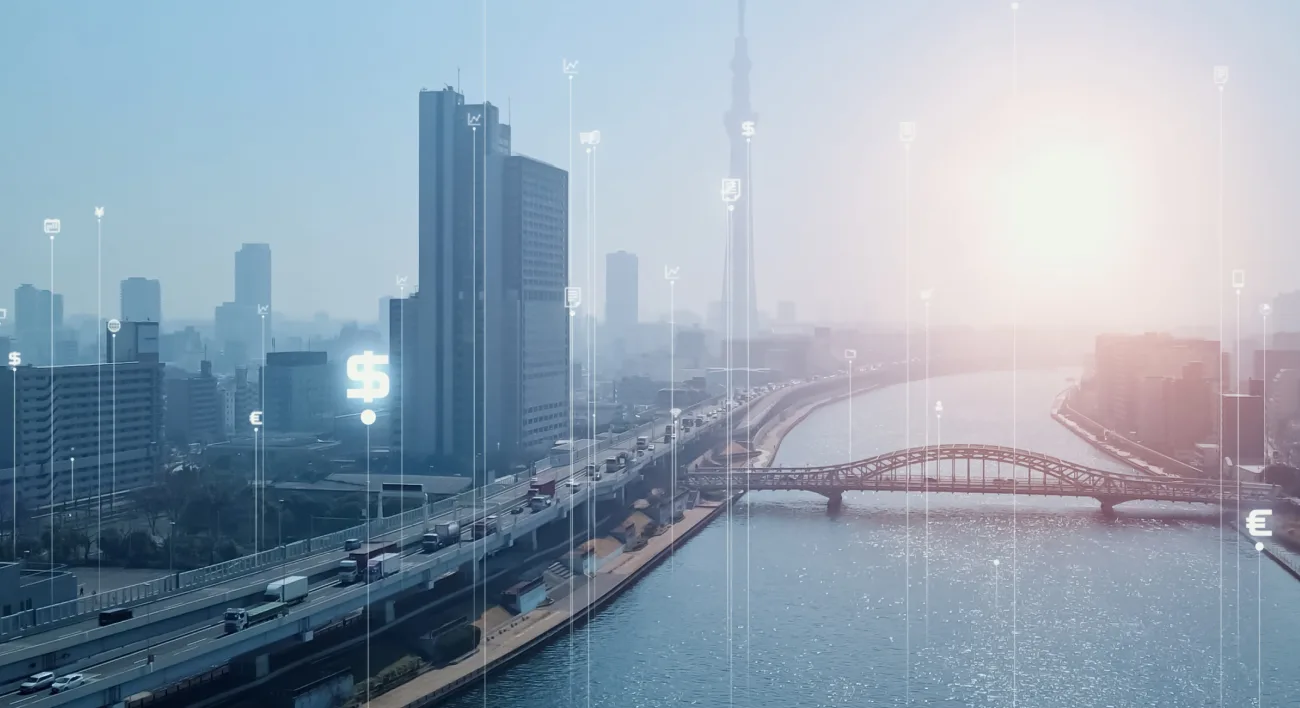 Cityscape with a river, bridges, and tall buildings under a hazy sky. Digital currency symbols are overlaid on the image. A video "play" arrow is overlayed. Click to watch  Why Partner with Qlik video.