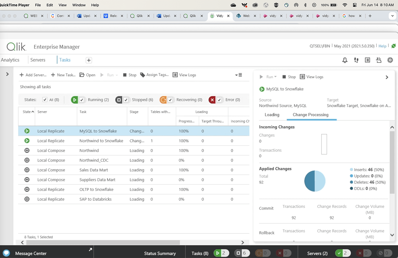 Screenshot of Qlik Enterprise Manager interface displaying various tasks related to data replication. A video play button overlays the image. Click to watch the Qlik Enterprise Manager demo video.