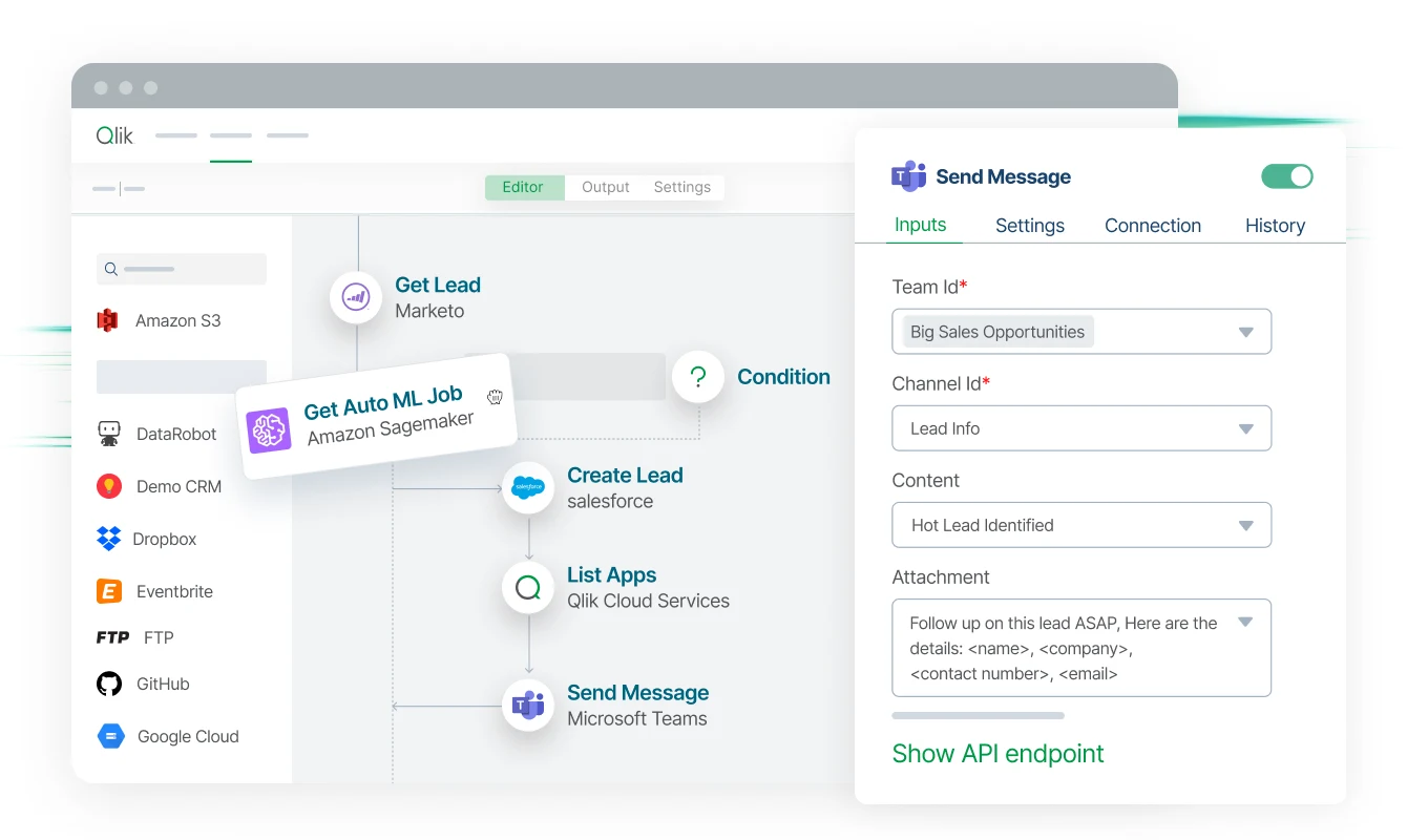 Illustration of a workflow automation interface showing Qlik application with steps including Get Lead from Marketo, Get Auto ML Job from Amazon Sagemaker, and Send Message via Microsoft Teams.