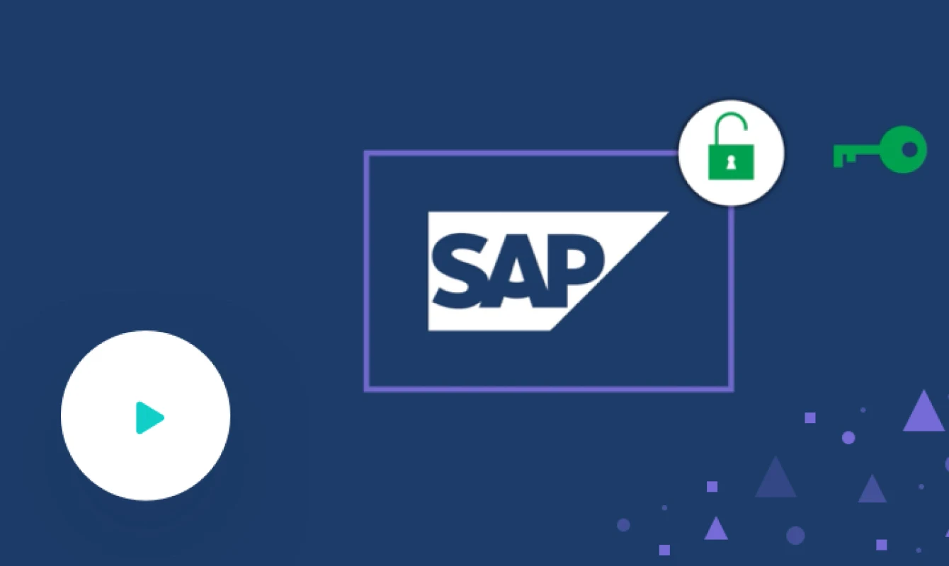 SAP logo on a blue background with a green padlock icon and a green key icon. White play icon is on the left side. Geometric shapes decorate the bottom right corner. Click to watch video.