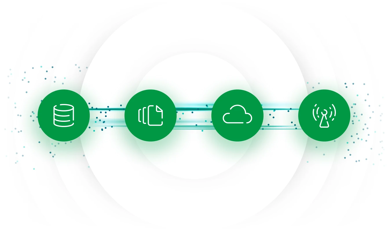 Illustration of a data flow diagram with four green circles representing a database, document, cloud, and transmission tower, connected by horizontal lines.