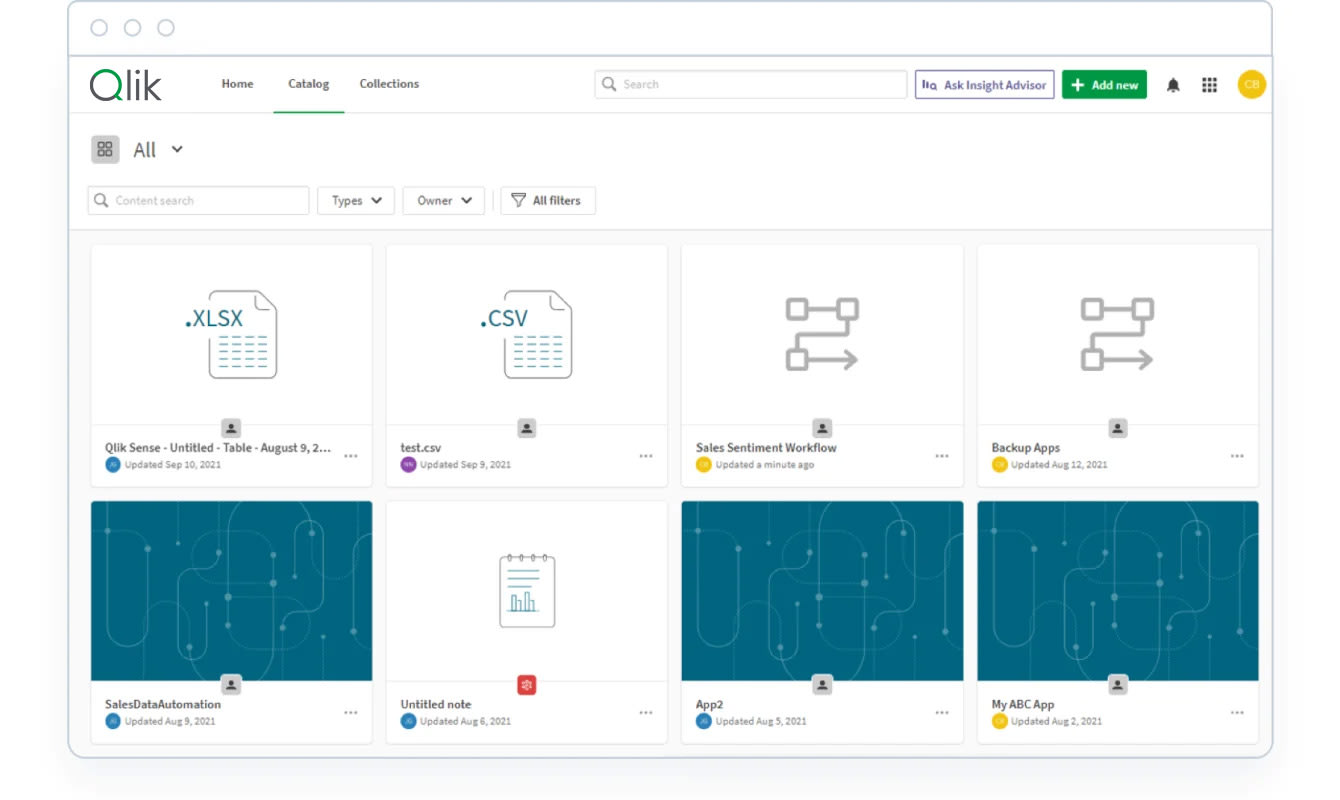 Screenshot of Qlik's user interface displaying various file icons and thumbnails, including XLSX, CSV, and structured workflow files with last modified dates. Navigation options are at the top.