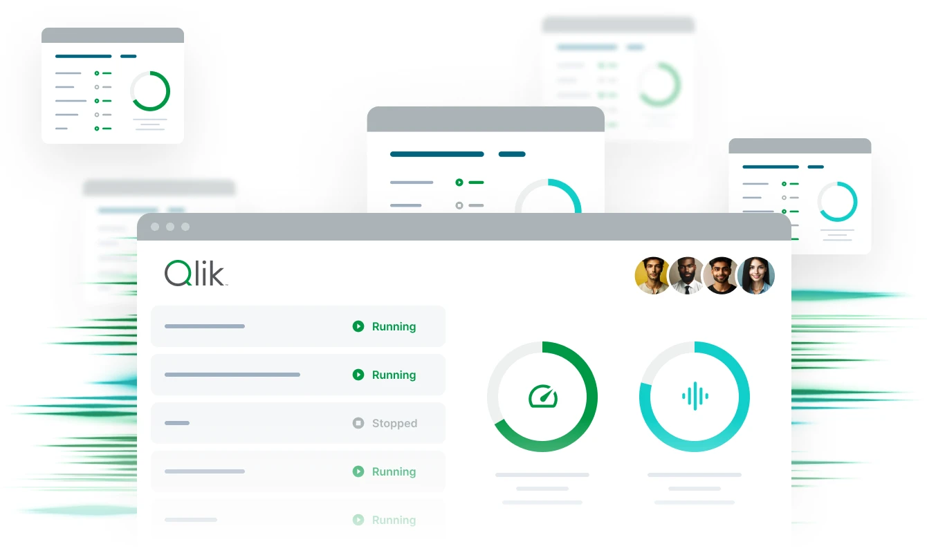 An illustration of the Qlik interface displaying various data visualizations and status indicators labeled "Running" and "Stopped." User profile pictures are shown in the top-right corner.