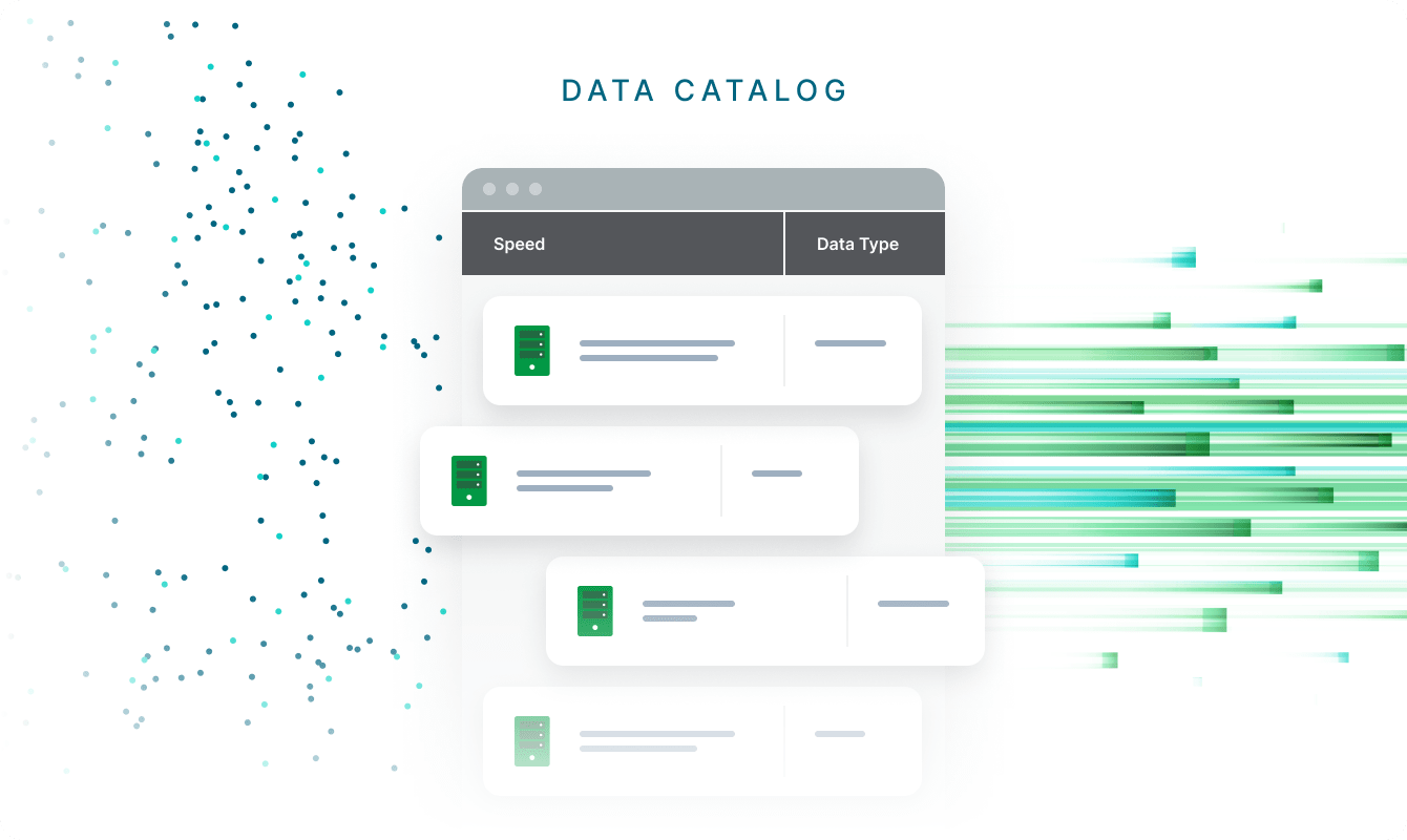 A graphic of a data catalog showing a webpage with columns labeled 'Speed' and 'Data Type,' accompanied by green and white elements representing output and insights.