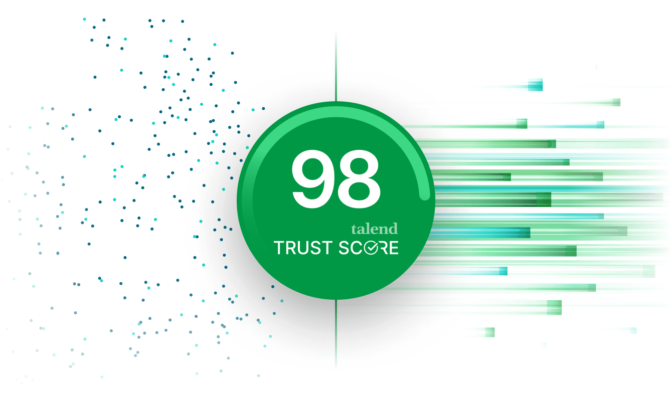 A green circle with the number 98 and the text "talend TRUST SCORE" in it. Blue and green dots are on the left, and green lines are on the right.