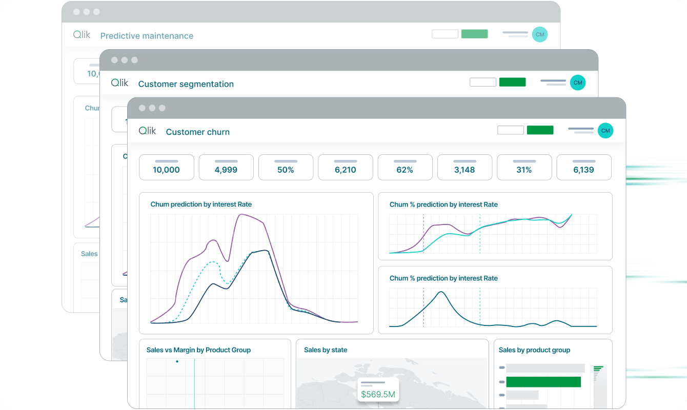 Three overlapping browser windows show dashboards from Qlik, featuring Customer Maintenance, Customer Segmentation, and Customer Churn analytics with graphs, charts, and various statistics.