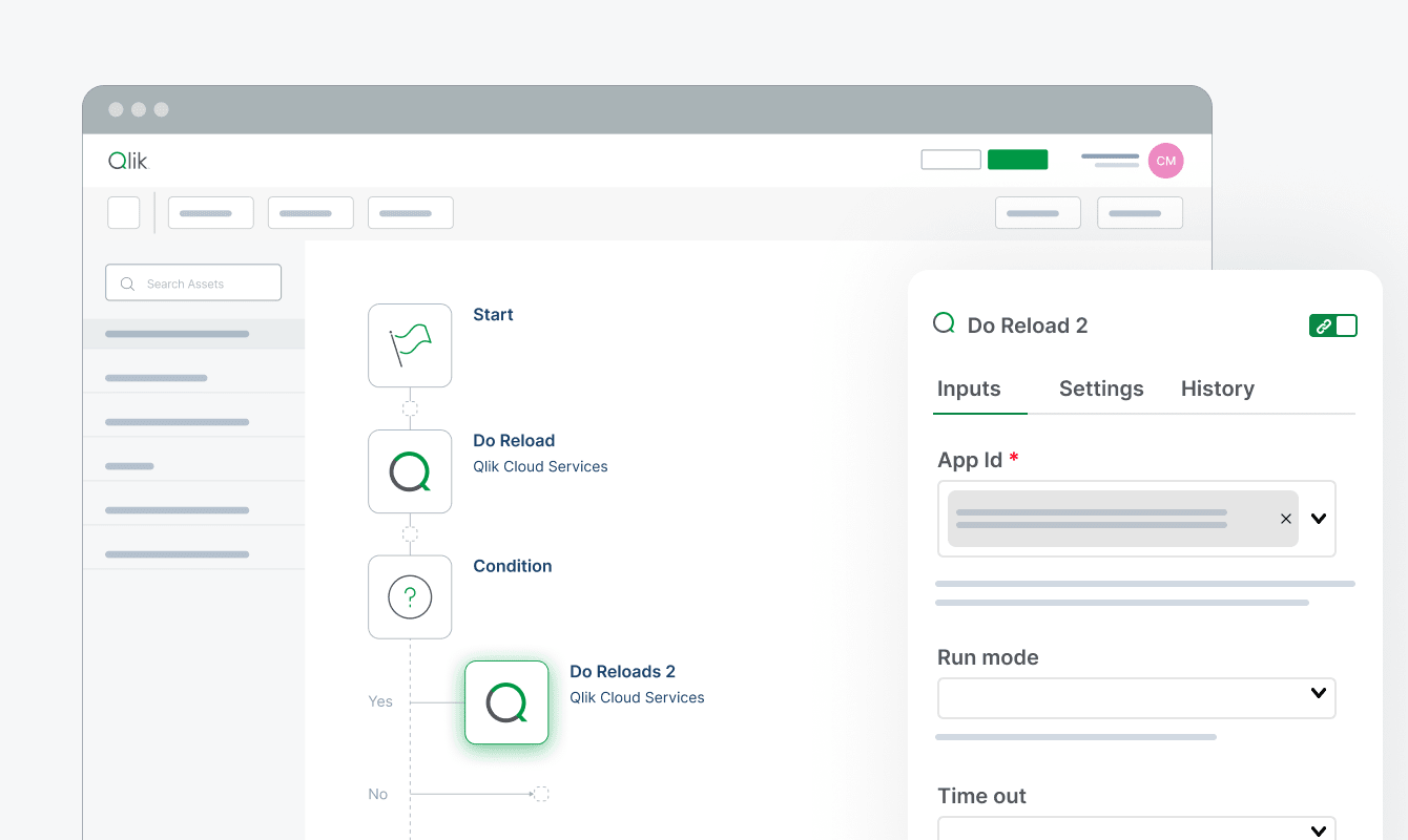 Qlik automation interface showing a workflow with steps like Start, Do Reload, and Condition, alongside a configuration panel for the "Do Reload 2" step with inputs such as App ID, run mode, and timeout settings.