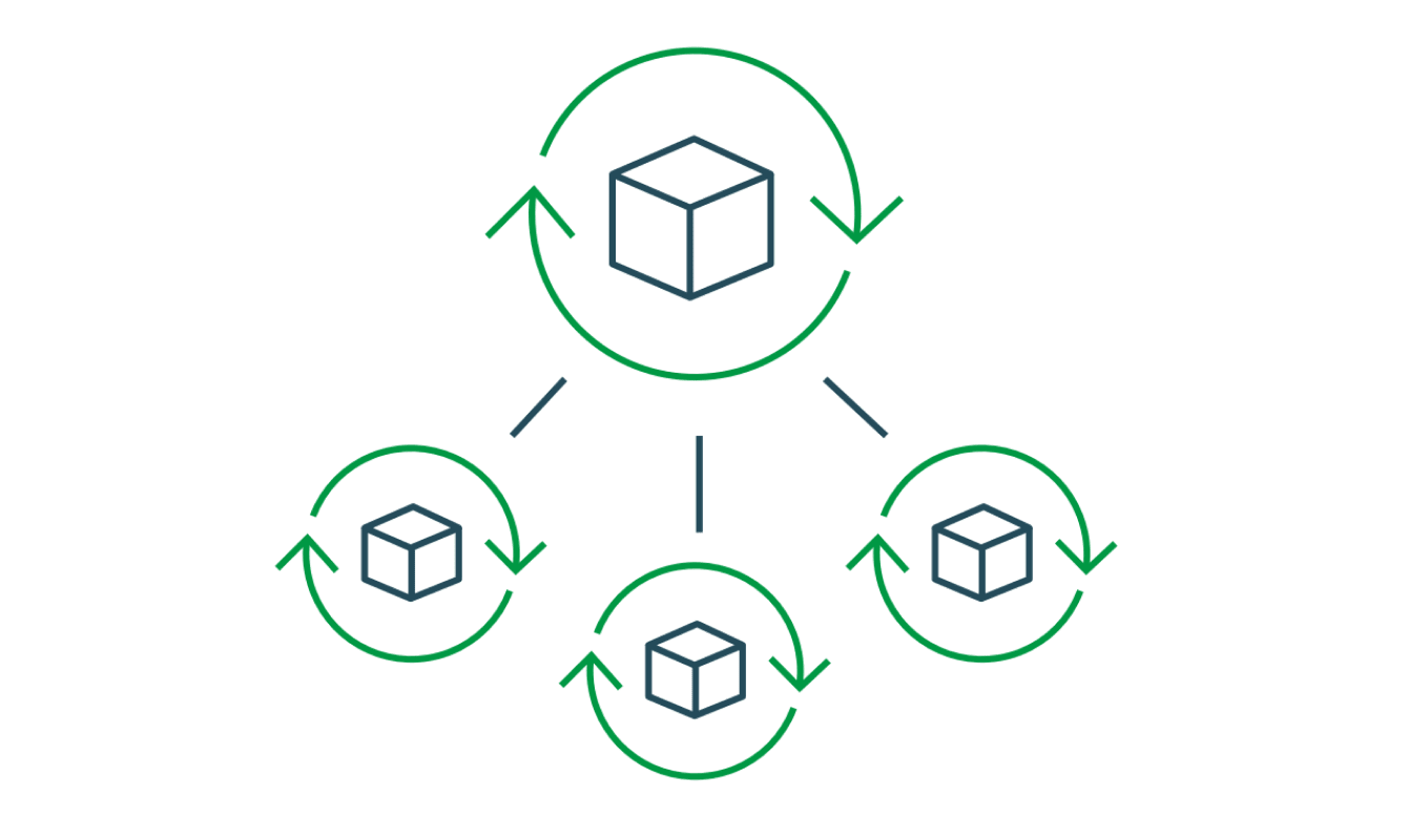 A central cube magnified by arrows. Three smaller cubes surrounded by arrows branch out from the central cube, depicting data structuring and transformations.