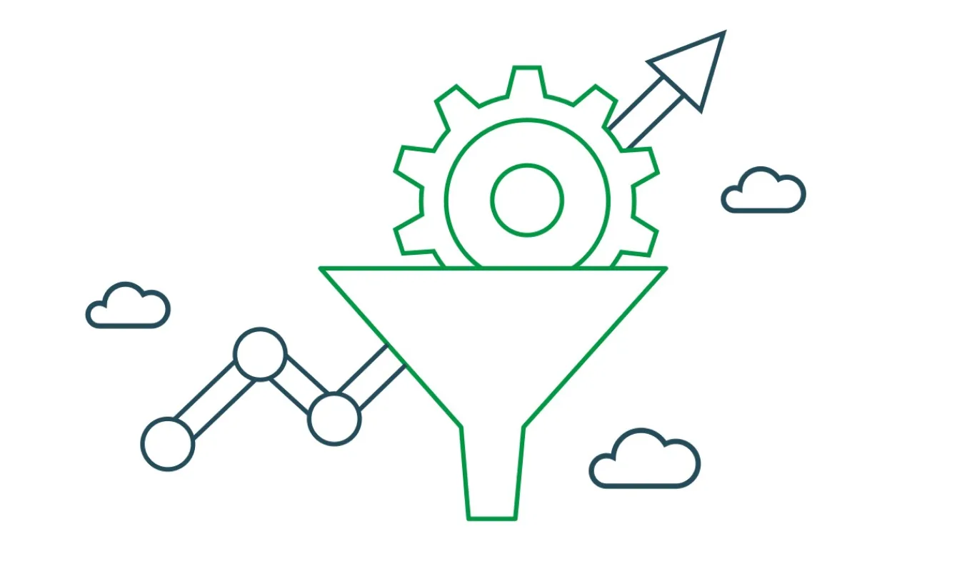 Illustration of a funnel with a gear inside, an upward arrow indicating growth, and a line graph with nodes, surrounded by clouds.