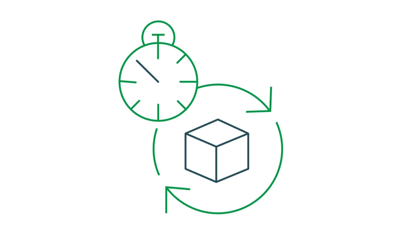 A stopwatch icon is shown above a cube, encircled by two arrows forming a loop, representing a concept of continuous updates.