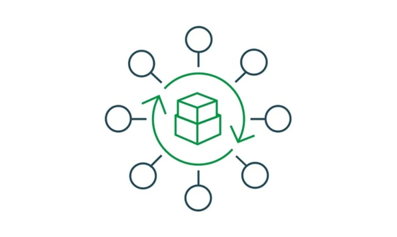 A central cube icon with two circular arrows around it is connected to eight small circles in a radial pattern representing integration.