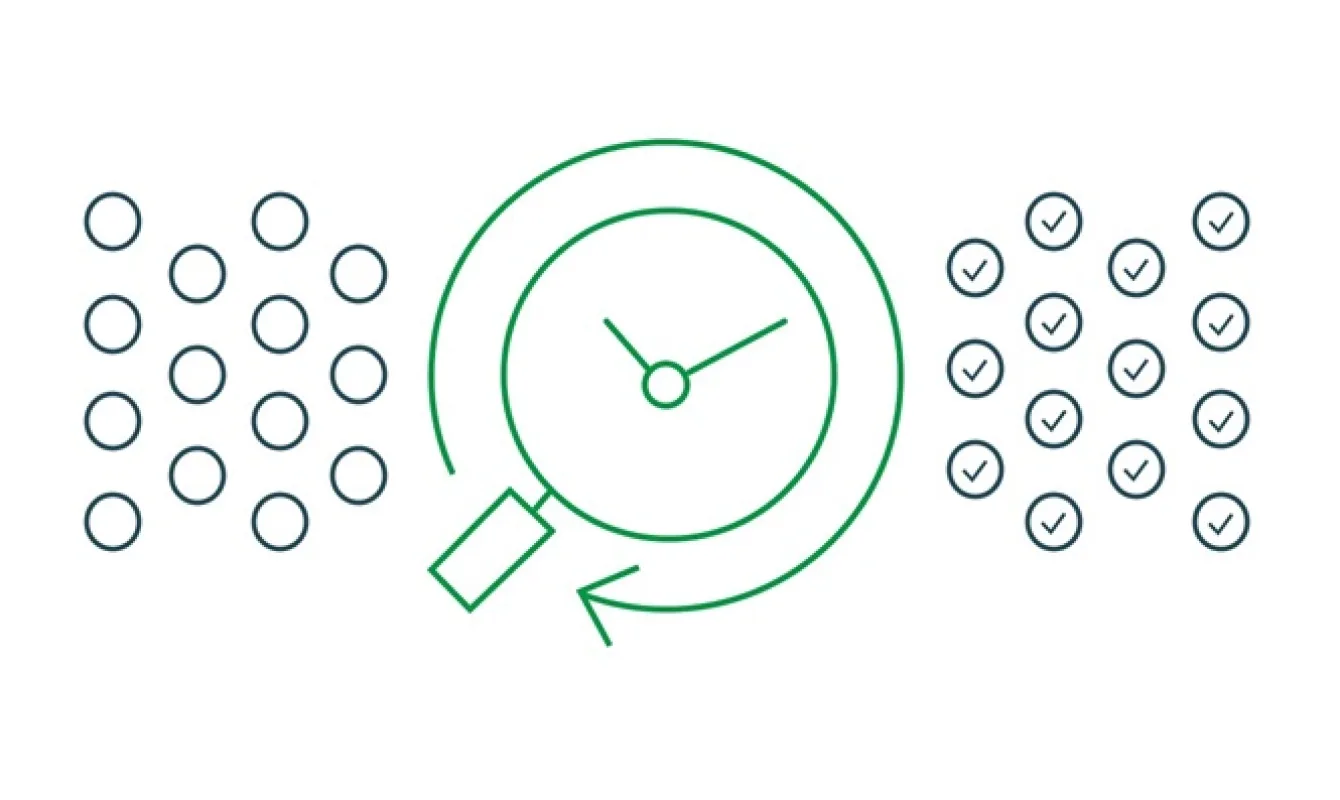 Illustration of a clock surrounded by circles on the left side and checkmarks on the right side, depicting the passage of time and the completion of tasks.