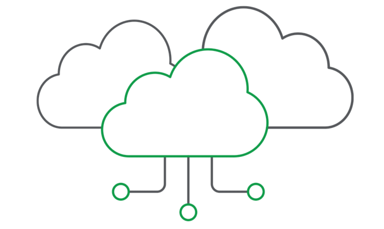 Illustration of three interconnected cloud icons, with one green cloud connected to three dots, symbolizing cloud platforming.