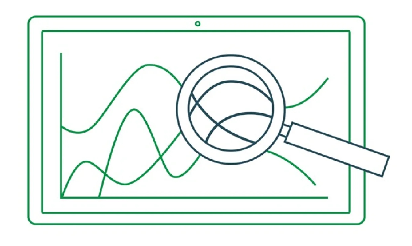 A digital illustration of a tablet screen displaying line graphs, with a magnifying glass overlaying the screen.