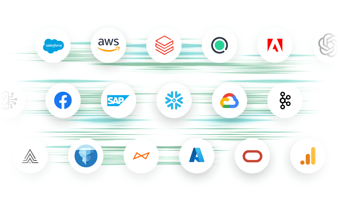 Salesforce / AWS / Adobe / Facebook / SAP / Google Cloud など、さまざまな企業のロゴを表す 15 個の円形アイコンのグリ�ッド。白色の背景に、薄緑色の縞模様が配されている