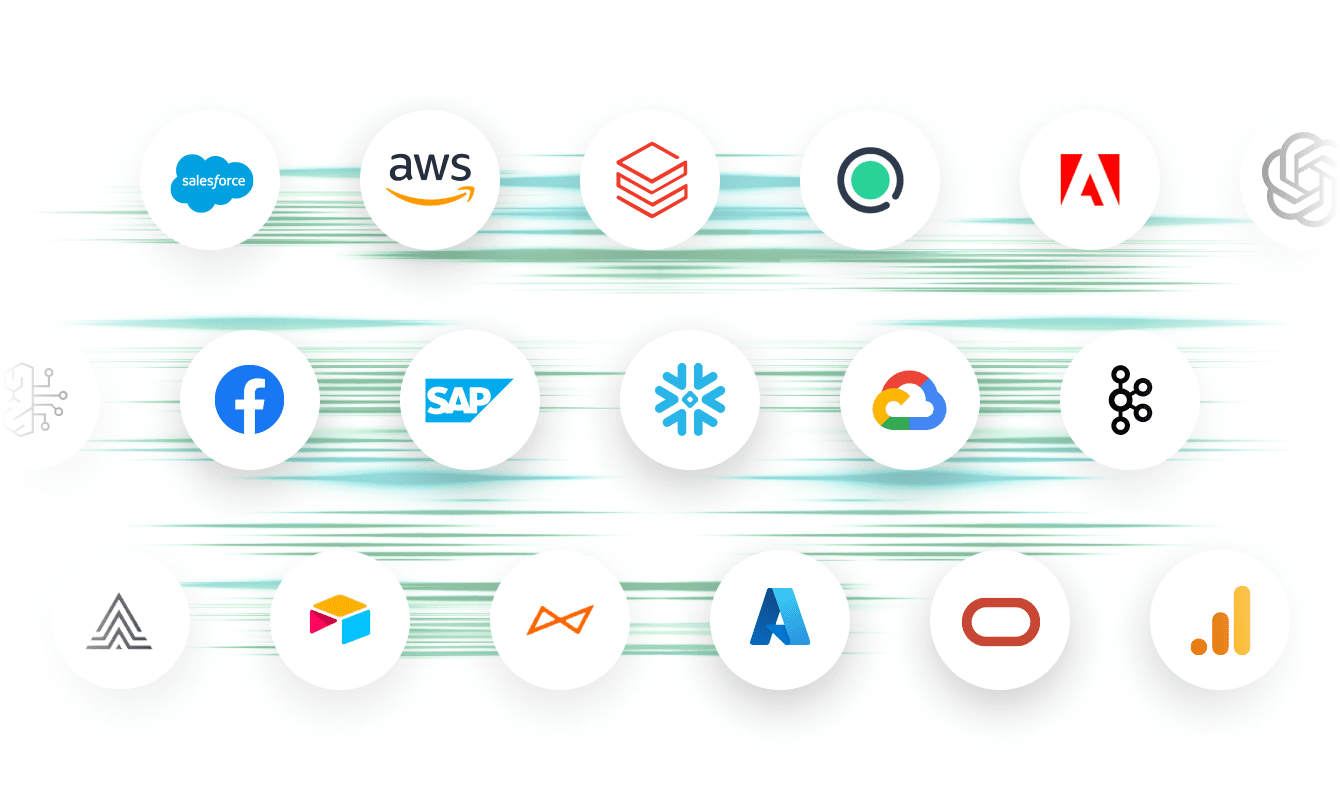 A grid of 15 circular icons representing various company logos, including Salesforce, AWS, Adobe, Facebook, SAP, and Google Cloud, is set against a white background with light green streaks.