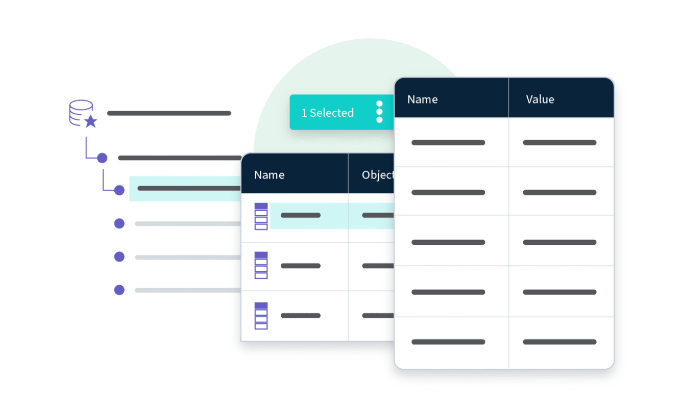 A user interface depicting data tables with columns labeled "Name" and "Value", a selection overlay indicating "1 Selected", and database icons and lines connecting data elements on the left side.