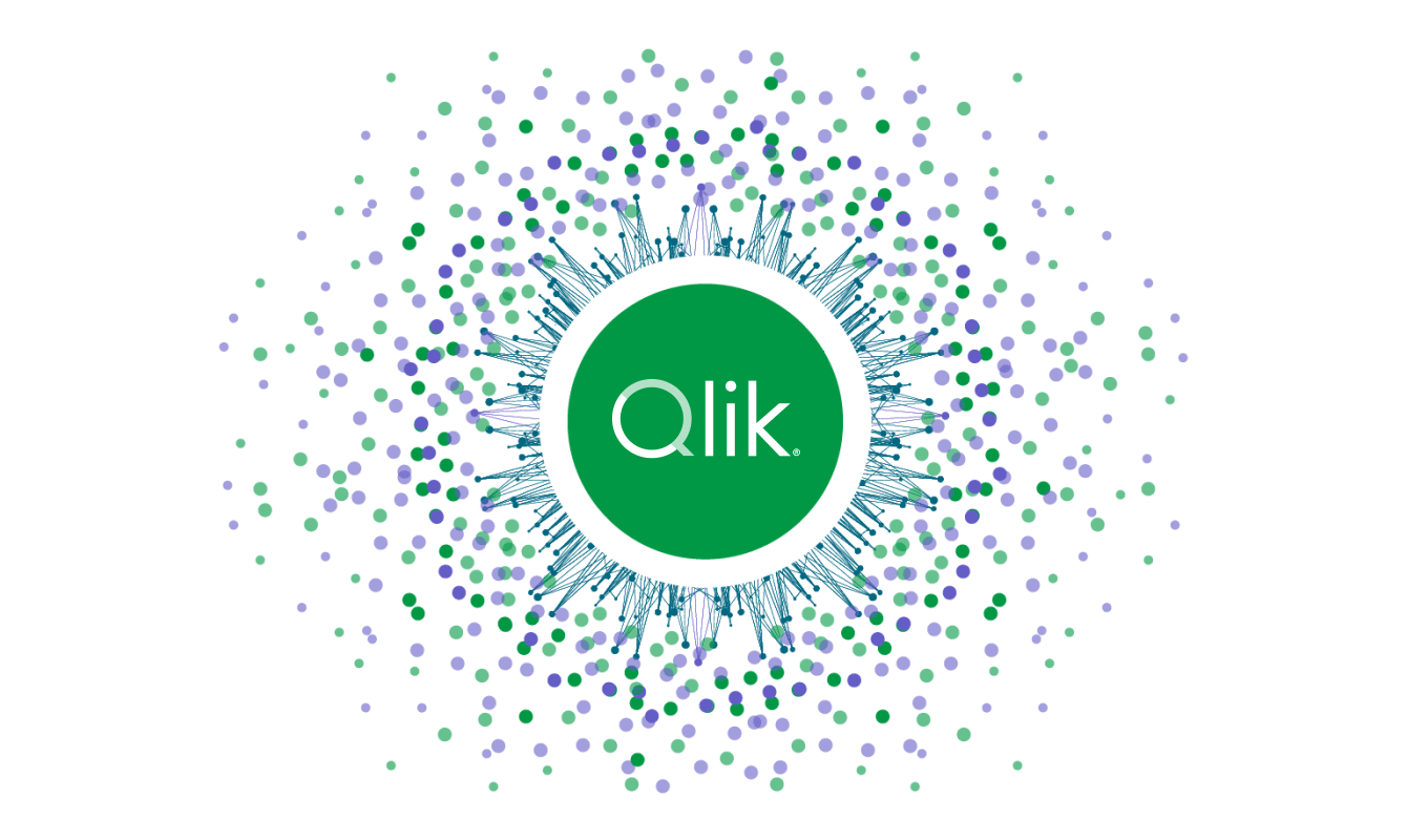 A green circle with "Qlik" in white text, surrounded by radiating blue lines and scattered green, blue, and purple dots.