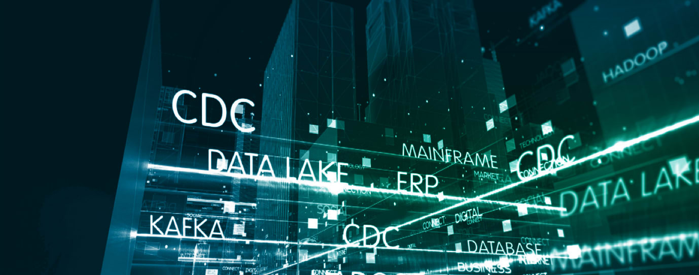 A digital network concept with floating text labels including "CDC," "DATA LAKE," "KAFKA," and "HADOOP," depicting various data technologies and systems against a background of abstract data structures.