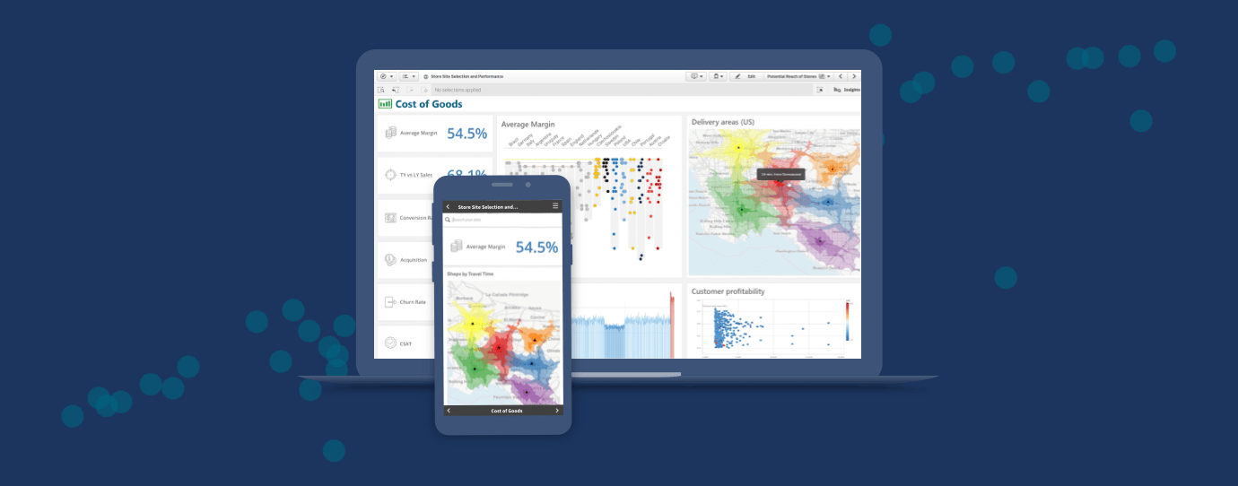 A laptop and smartphone display various data visualizations, including charts, graphs, and maps, on their screens.