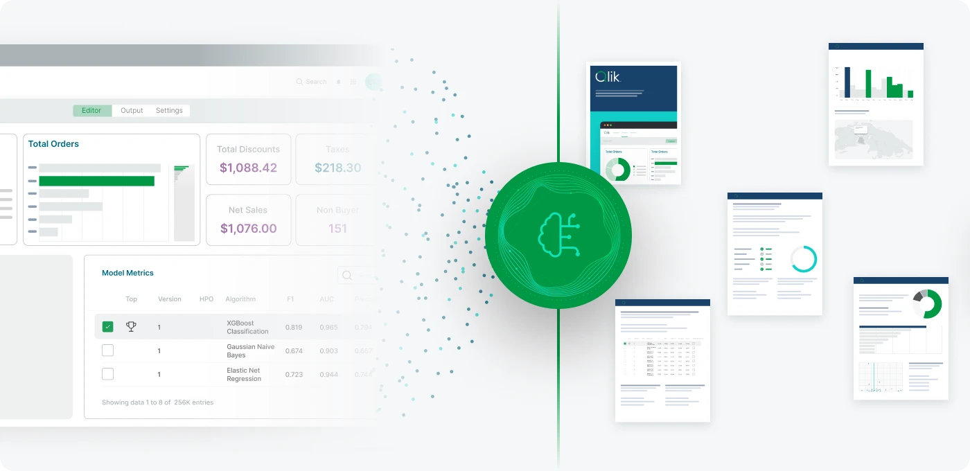 A data dashboard on the left displays metrics, charts, and sales figures. On the right, multiple documents show graphs, tables, and charts. A green icon with a AI icon design is in the center.