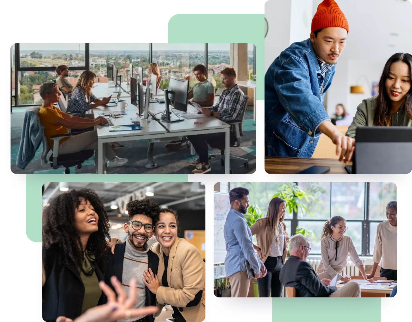 A collage of office scenes: employees working at desks, two colleagues discussing at a computer, a group smiling for a picture, and a team meeting in a conference room.