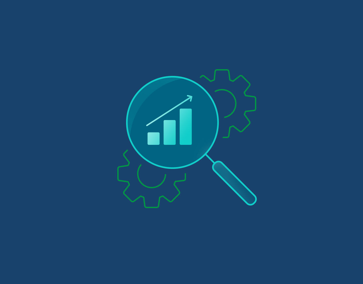 A magnifying glass over a bar chart with an upward arrow, accompanied by two gears in the background, symbolizing analysis and improvement. The image has a blue background.