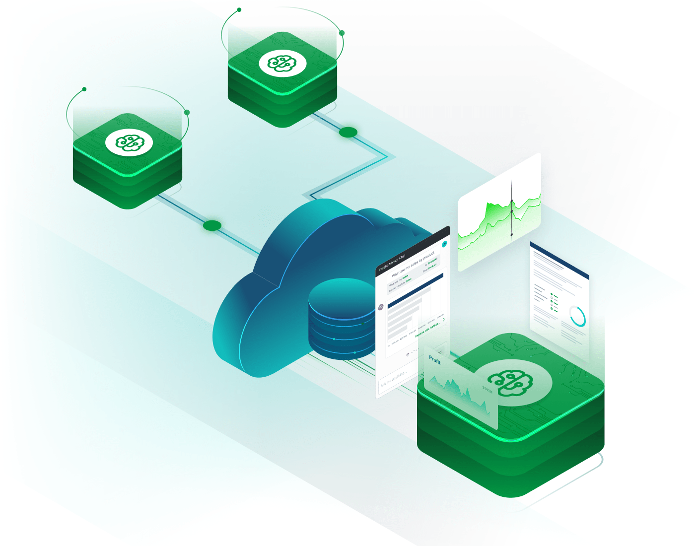 Digital illustration depicting cloud computing and data management, highlighting interconnected servers, data analysis, and cloud storage with green and blue elements.