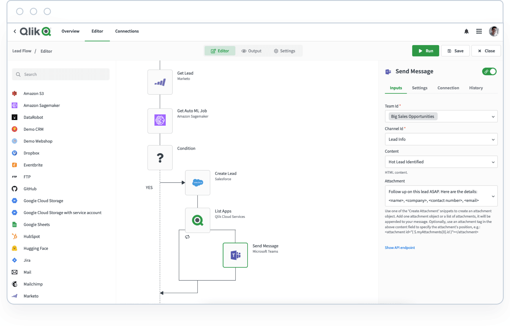 Qlik interface showing a workflow with various Qlik apps and services on the left, and a "Send Message" configuration panel on the right.