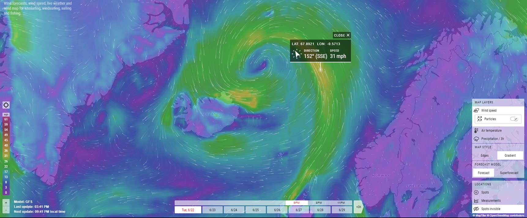 Vibrantly colored weather map showing weather patterns from a number of weather stations