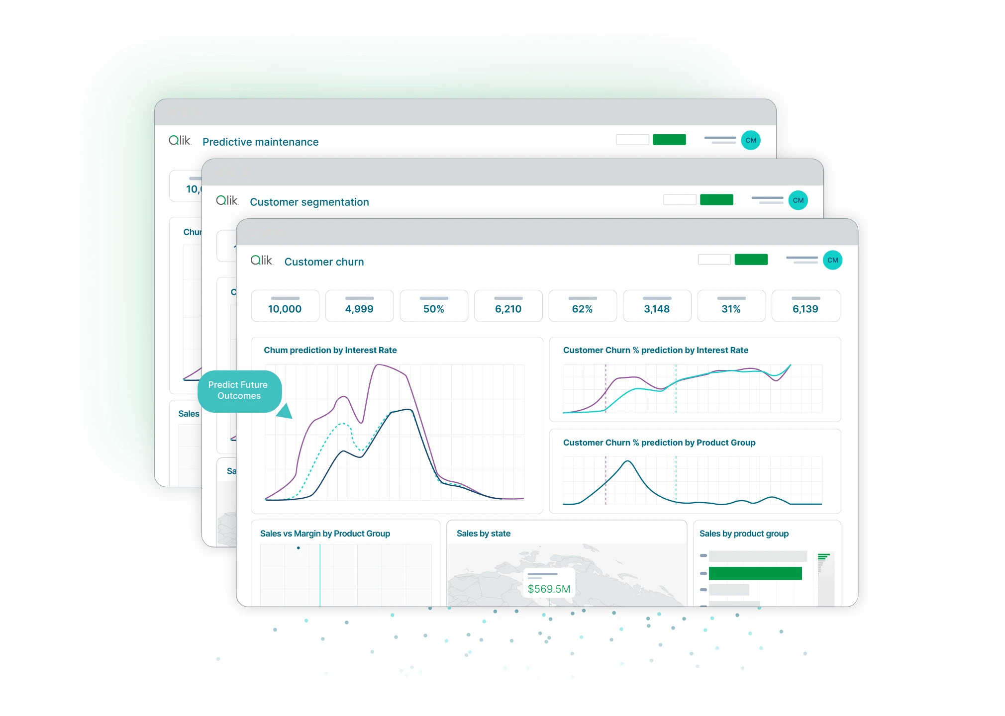 Illustration of a data analytics software interface showing model metrics, feature importance, and key driver identification for various classification models.