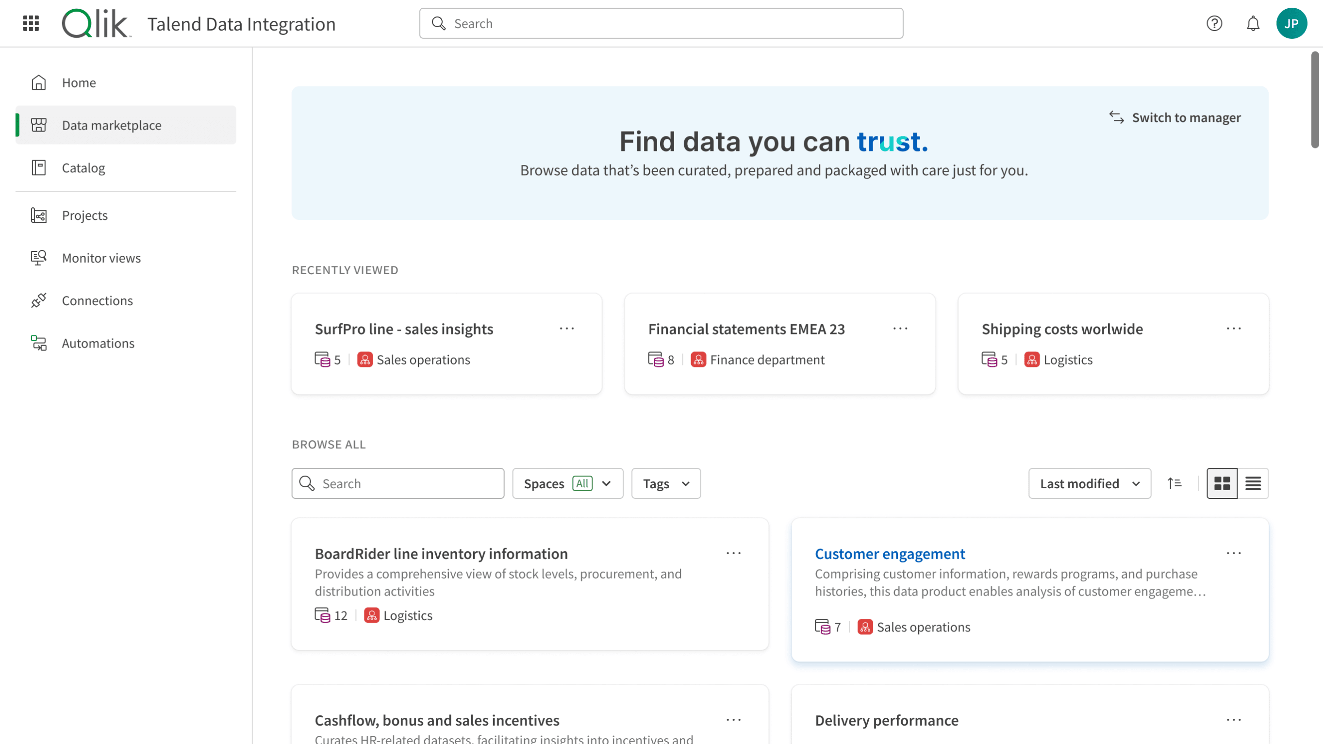 Screenshot of Qlik Talent Data Integration interface showing data categories, recent views, and browsing options. Features include project names, progress metrics, and organizational departments.