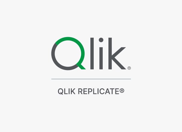 Olik logo in large letters. Below it reads "QLIK REPLICATE®" against a light gray background.