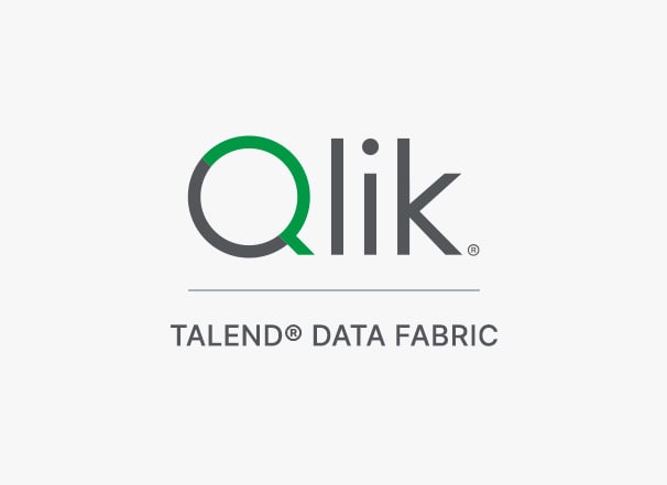 Qlik logo in large letters. Below it reads "TALEND® DATA FABRIC" against a light gray background.