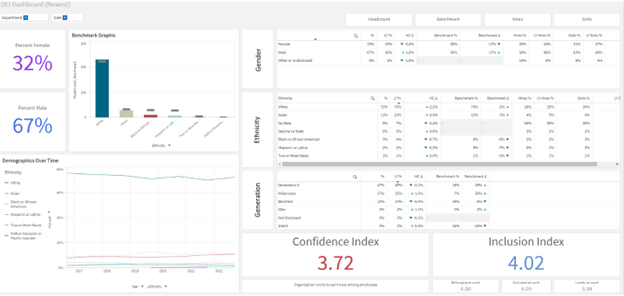 Screenshot of a Qlik Sense dashboard showing DE&I data