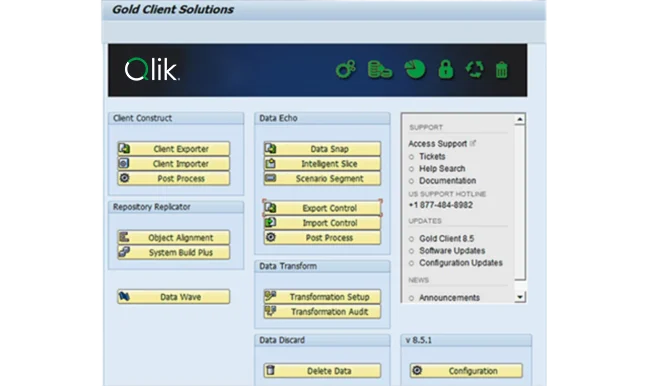 A screenshot of the Qlik Gold Client Solutions user interface, displaying options for data export, import, analysis, and support contact information, with several buttons and menus.