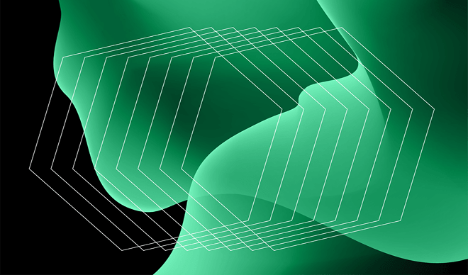 Abstract digital art with green waves and white geometric outlines on a black background.
