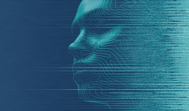 Digital art of a face in profile, made of glowing blue lines with glitch-like streaks.