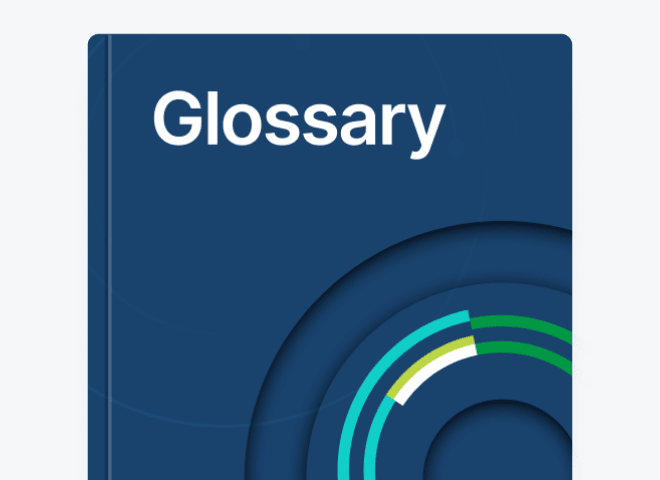 A blue book cover titled "Glossary" with circular graphic design elements in shades of blue and green.