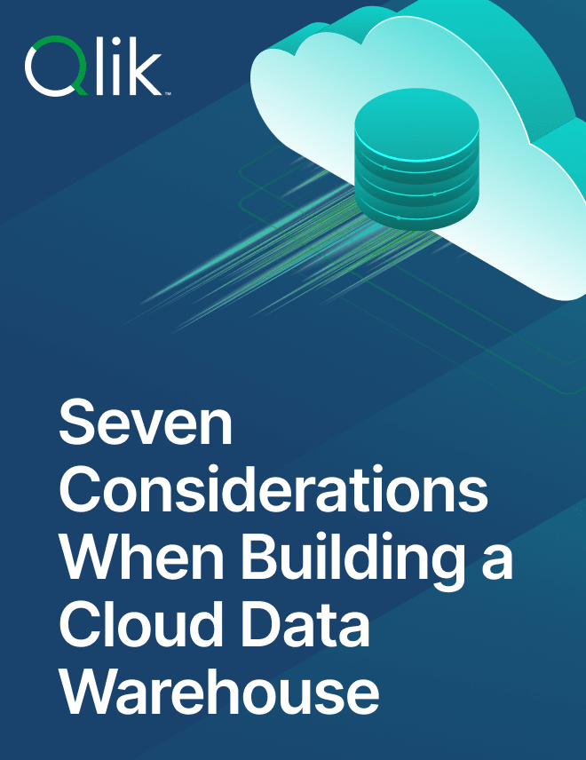 Cover image for a Qlik document titled "Seven Considerations When Building a Cloud Data Warehouse," featuring an illustration of a data storage concept with servers in a cloud.