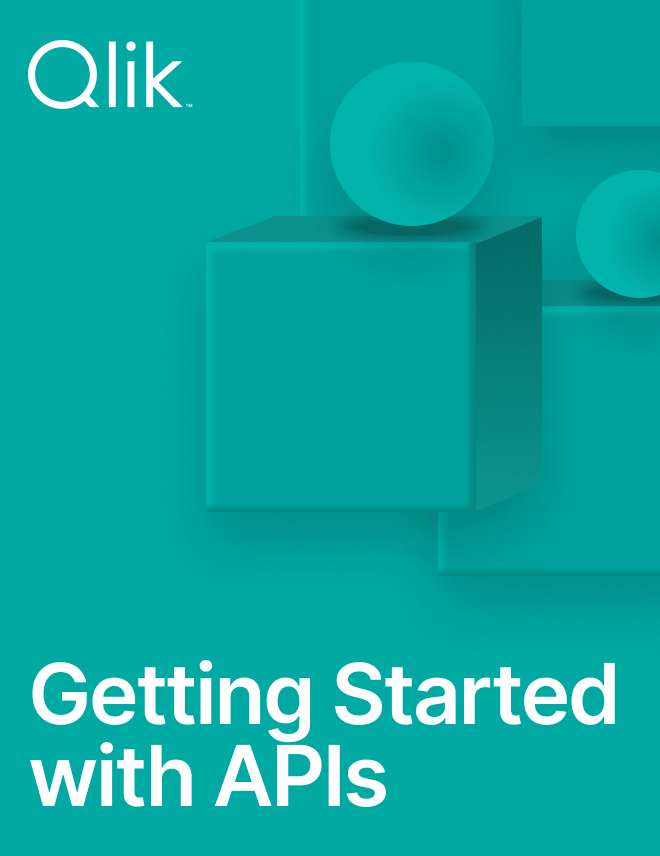 Cover page of a guide titled "Getting Started with APIs" by Qlik, featuring a geometric design with cubes and spheres in shades of teal.