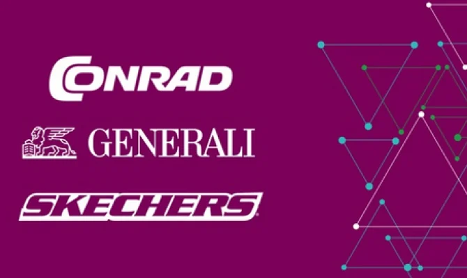 Logos of Conrad, Generali, and Skechers on a maroon background with abstract geometric designs.