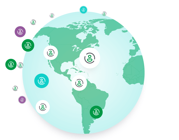 Illustration of a world map with various colored circular icons of a generic person headshot shape, positioned on different continents, indicating marked locations.