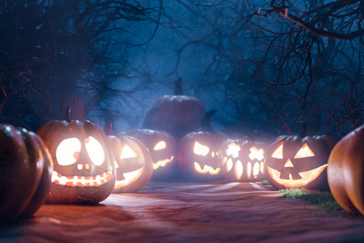 Photo of Halloween jack-o-lanterns lit under low, leafless tree branches