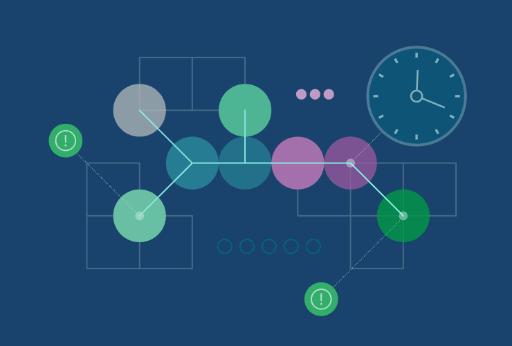 Illustration with interconnected circles, squares, and lines with a clock icon on blue background.