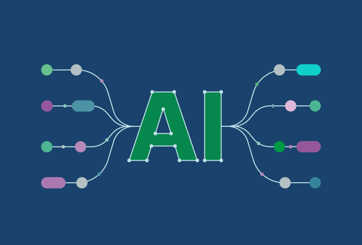 Illustration with "AI" in green at the center and colorful connected nodes branching out from sides.