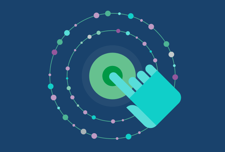 Illustration of a hand icon tapping the center of concentric circles, with multiple orbit-like paths.
