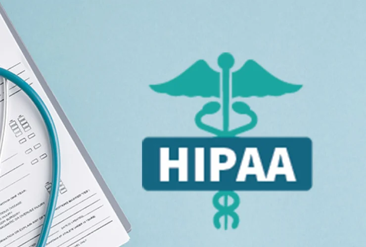 Image of a medical clipboard and a stethoscope next to the HIPAA logo, featuring the Rod of Asclepius symbol on a light blue background.