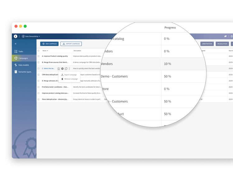 The Talend Data Stewardship desktop application interface displaying progress percentages for various categories, including "Catalog," "Vendors," and "Demo - Customers." A circular zoom highlights specific progress levels, such as 0%, 10%, and 50%.