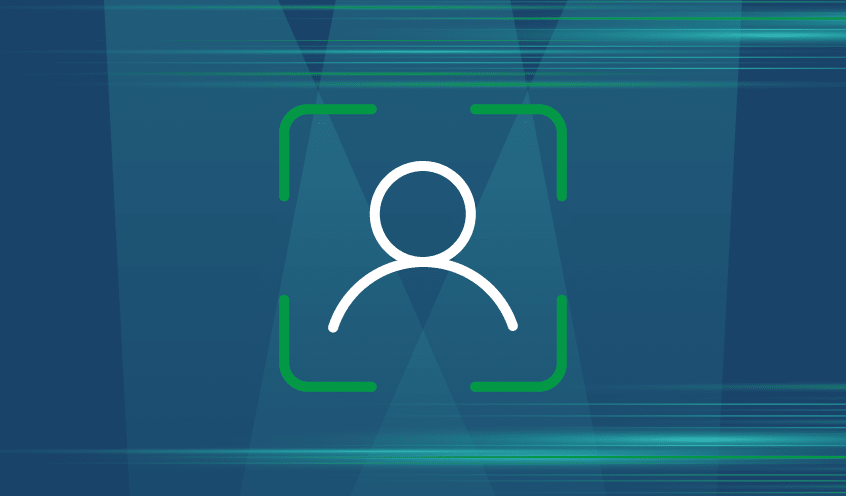 Outline of a person inside green brackets on a blue, abstract background with diagonal lines.